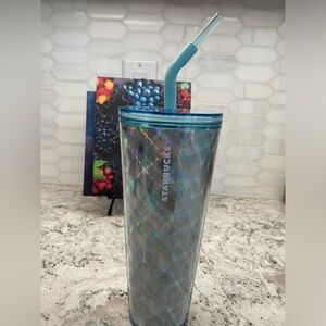 Starbucks 2024 Silver Metallic Holographic Star Checkered Slant Straw Cup. NWT.